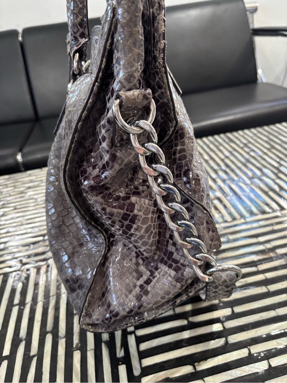 Authentic Michael Kors Gray Snakeskin-Embossed Satchel with Silver Hardware - Picture 6 of 11